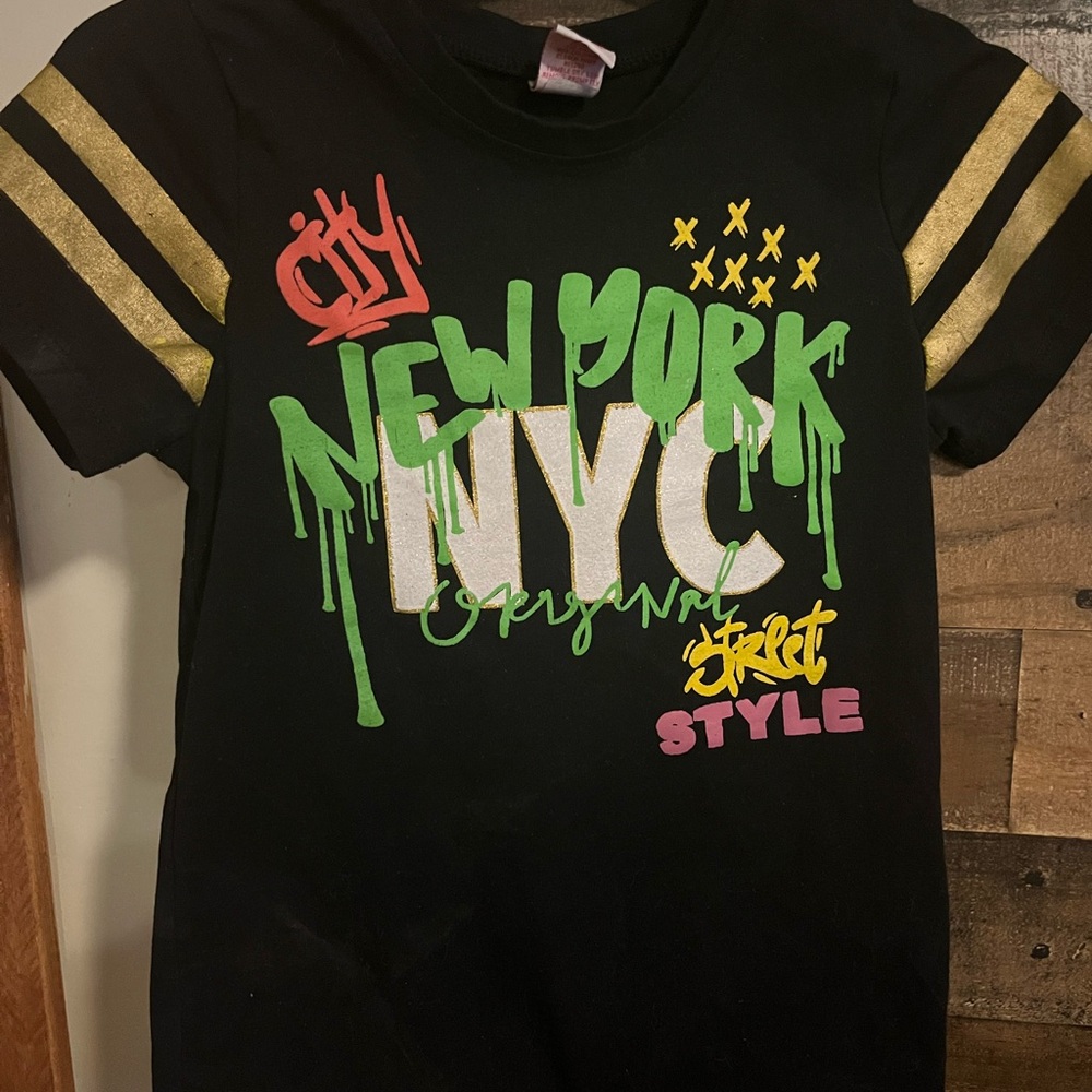 Kids Black Graphic Tee with Gold and Green Accents
